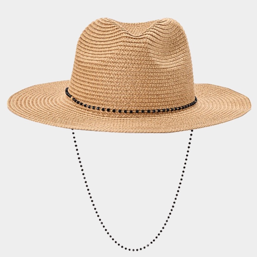 Tan Straw Hat with Black Beaded Trim